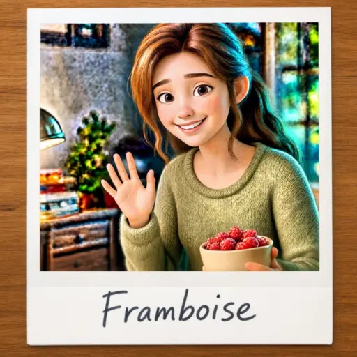 Polaroid of Framboise pinned to the wall, waving over her keyboard